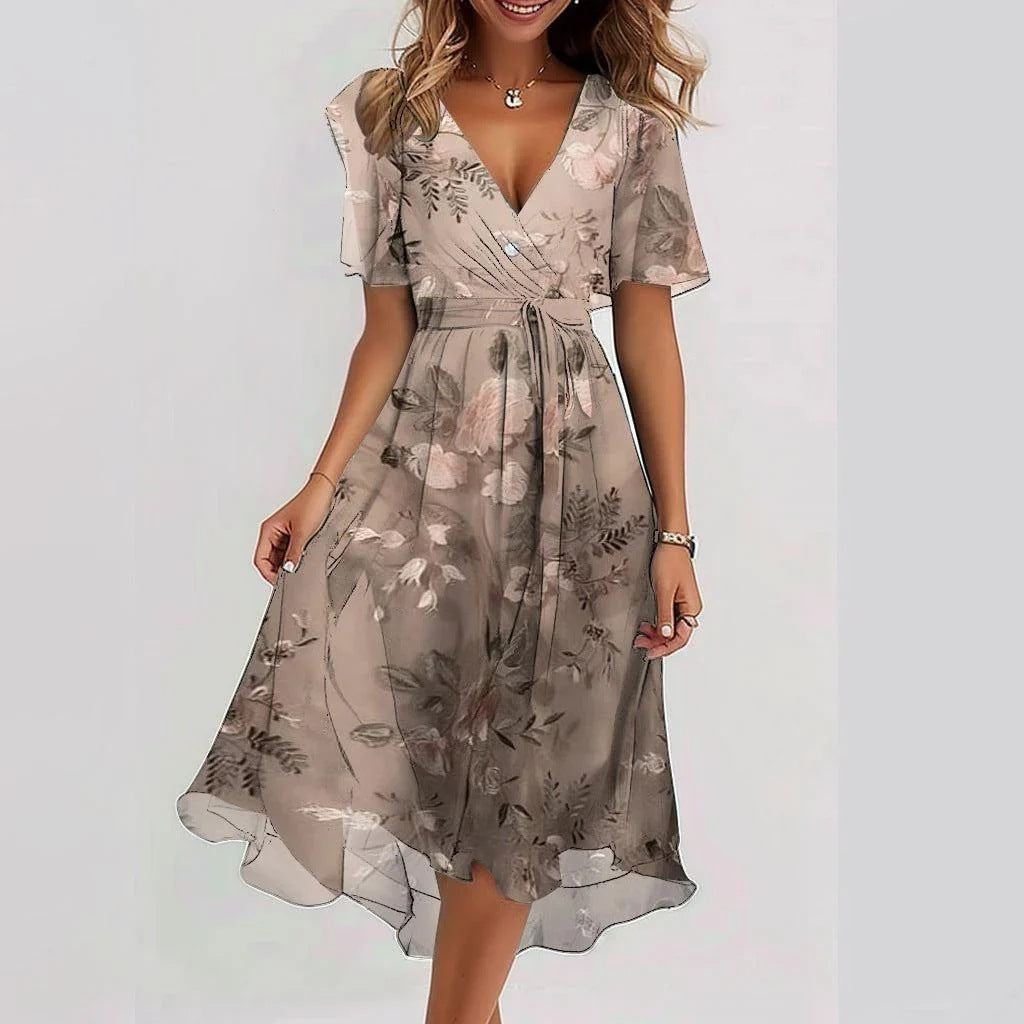 V Neck Short Sleeve Printed Dress