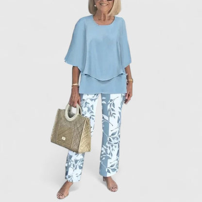 Layered Round Neck Batwing Sleeve Top Straight Leg Set