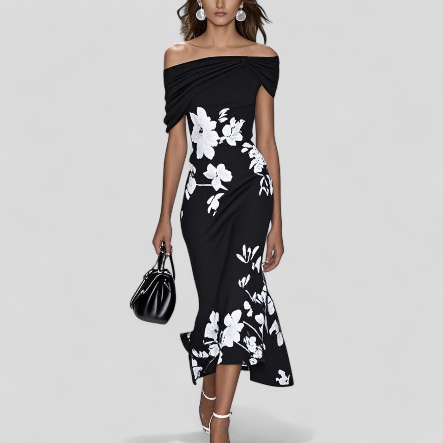 Floral Draped Fitted Asymmetric Flared Dress