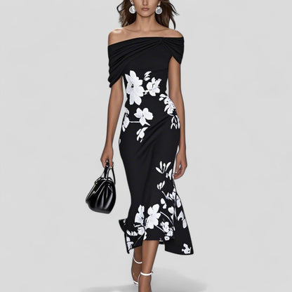 Floral Draped Fitted Asymmetric Flared Dress