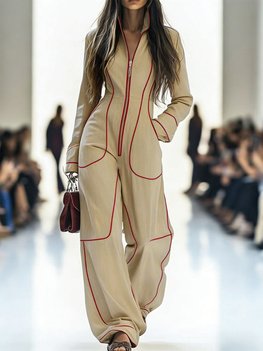 Contrast Piping Stand Collar Wide Leg Jumpsuit