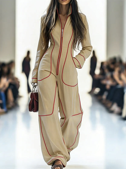 Contrast Piping Stand Collar Wide Leg Jumpsuit