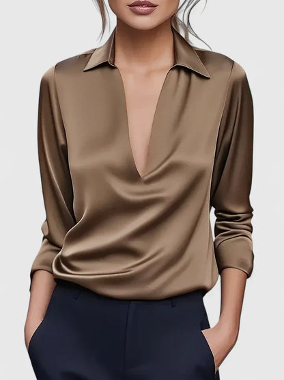 Solid Plunging Collared Draped Cuffed Sleeved Top