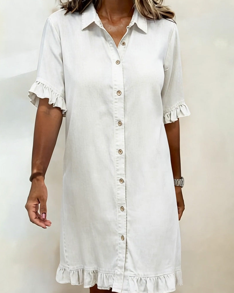 Short Sleeve Collared Button Front Ruffle Hem Dress