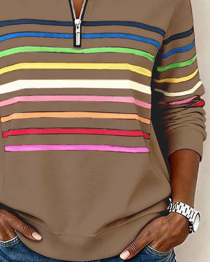 Women's Polo Collar Half Zip Striped Sweatshirt