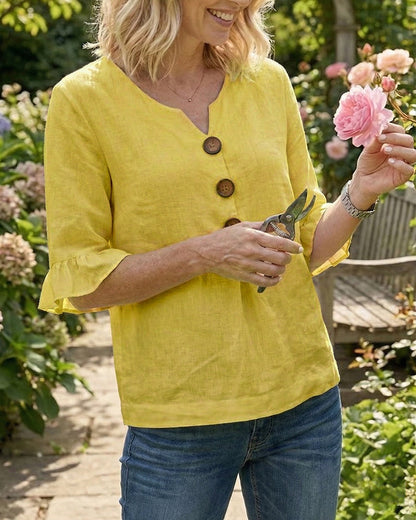 V Neck Button Detail Ruffle Sleeve Top