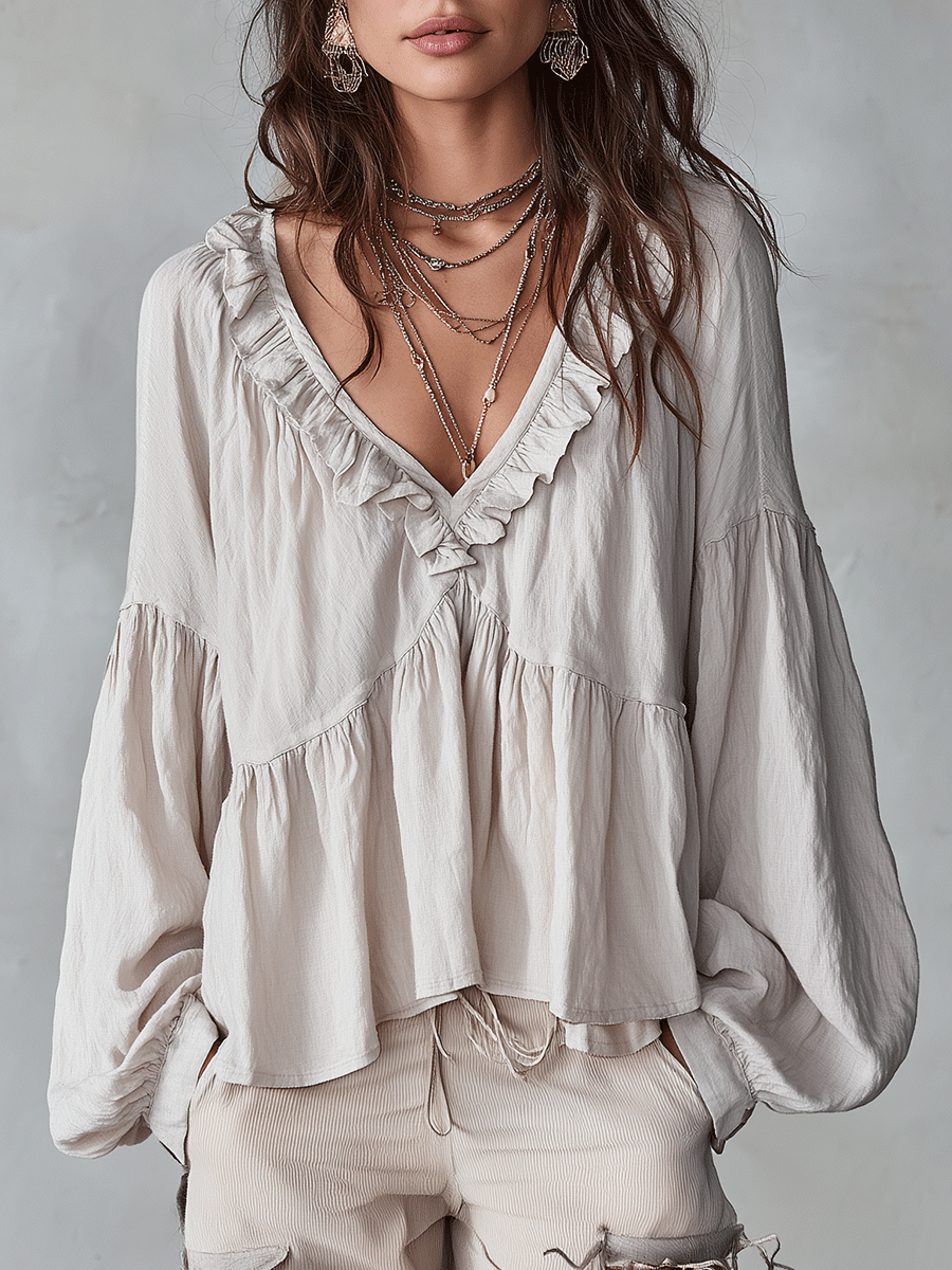 Solid Ruffled V Neck Lantern Sleeve Top