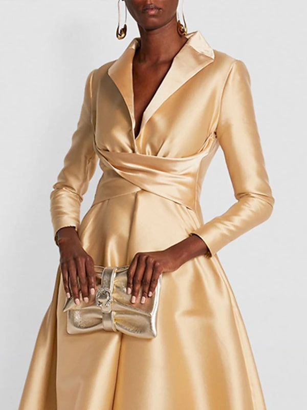 Lapel Neck Crisscross Satin A Line Maxi Dress