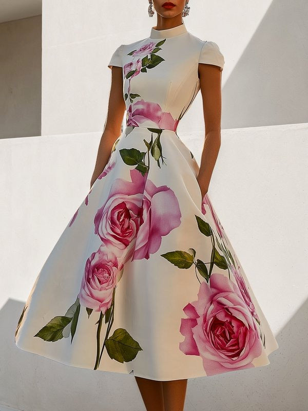 Short Sleeves Skinny Flower Print Stand Collar Midi Dress