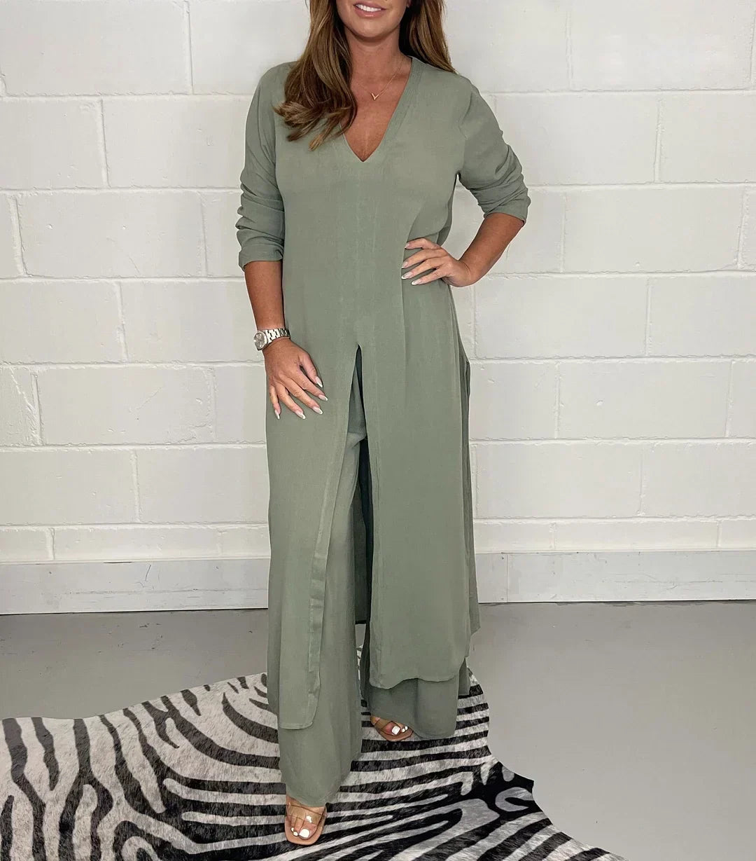Long Sleeve V Neck Slit Set