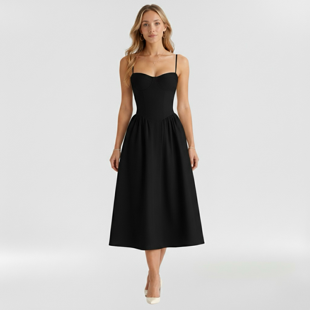 Corset Structured Sleeveless Paneled Gathered Midi Dress