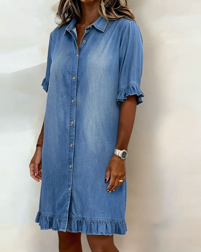 Short Sleeve Collared Button Front Ruffle Hem Dress