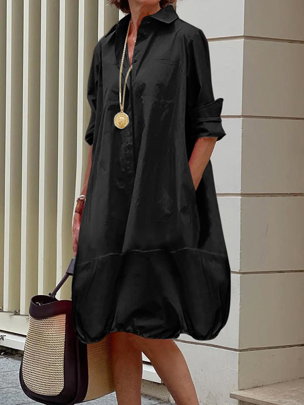 Lapel Collar Button Up Bubble Hem Shirt Dress