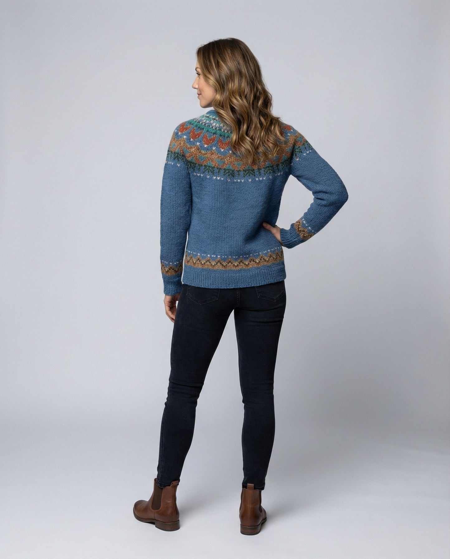 Patterned Yoked Ribbed Cuffed Round Long Sweater