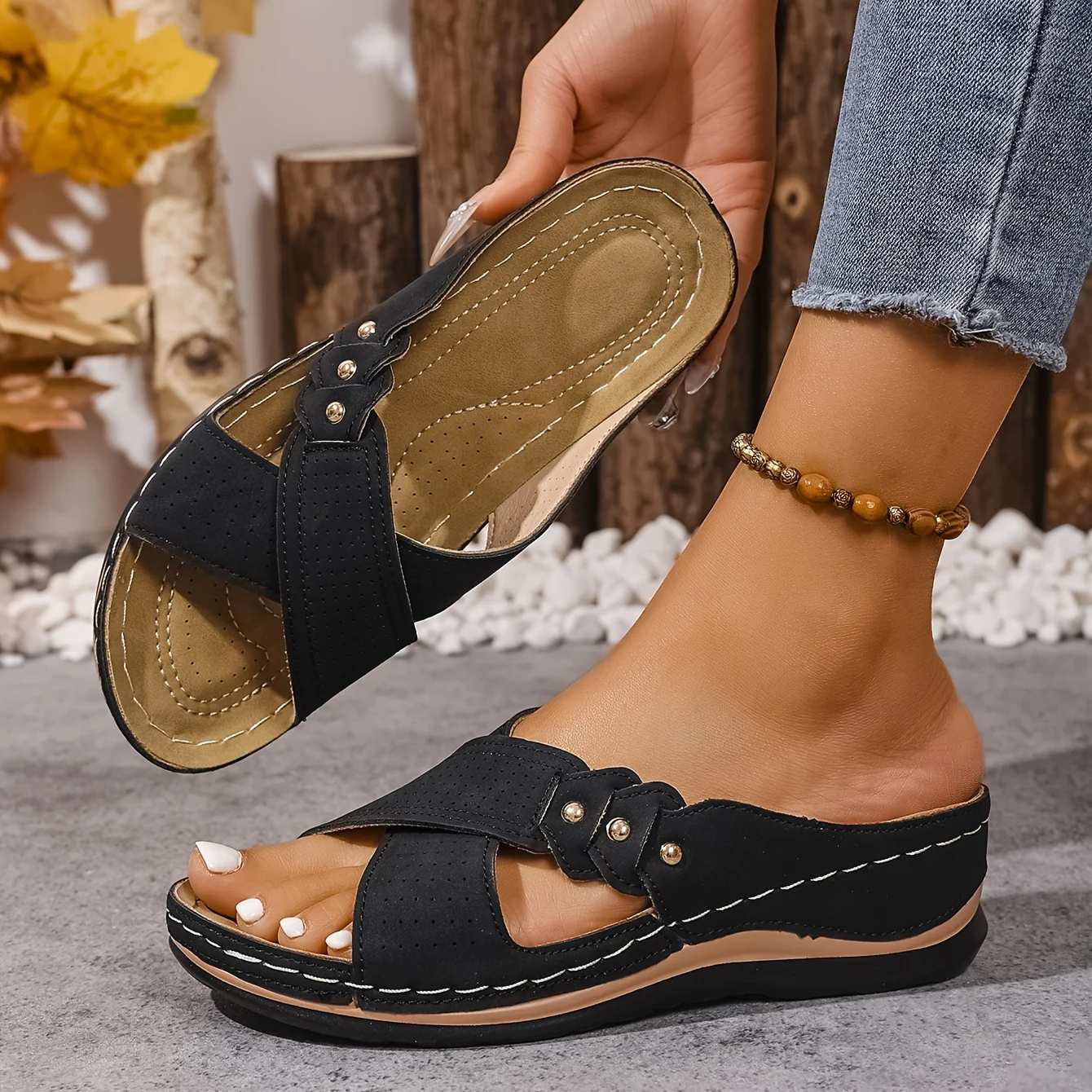 Crossed Studded Stitched Wedged Sandals