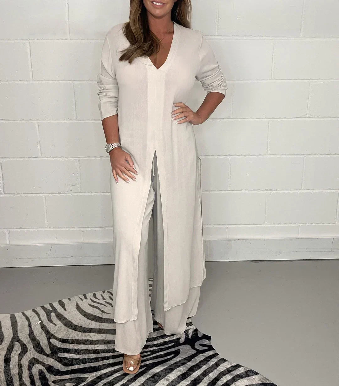 Long Sleeve V Neck Slit Set