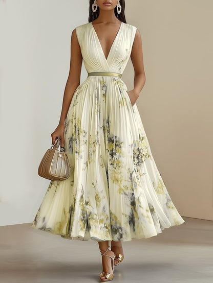 Deep V Neck Pleated Printed Dress