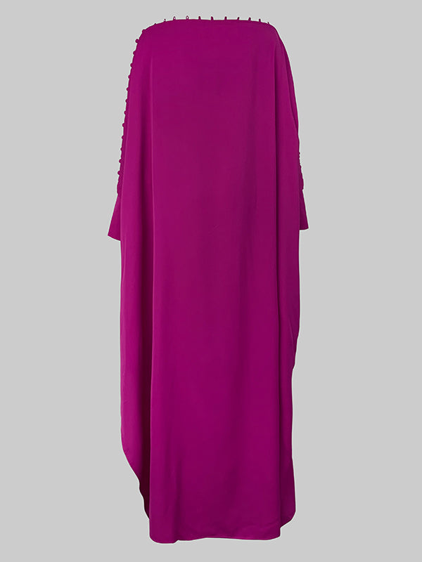 Button Trim Asymmetric Off Shoulder Slit Maxi Dress