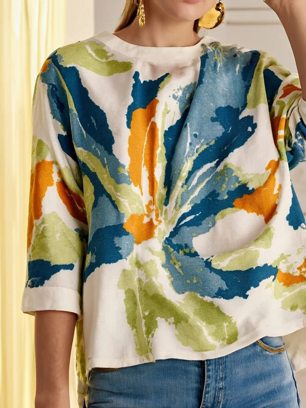 Abstract Watercolor Button Back Round Neck Top