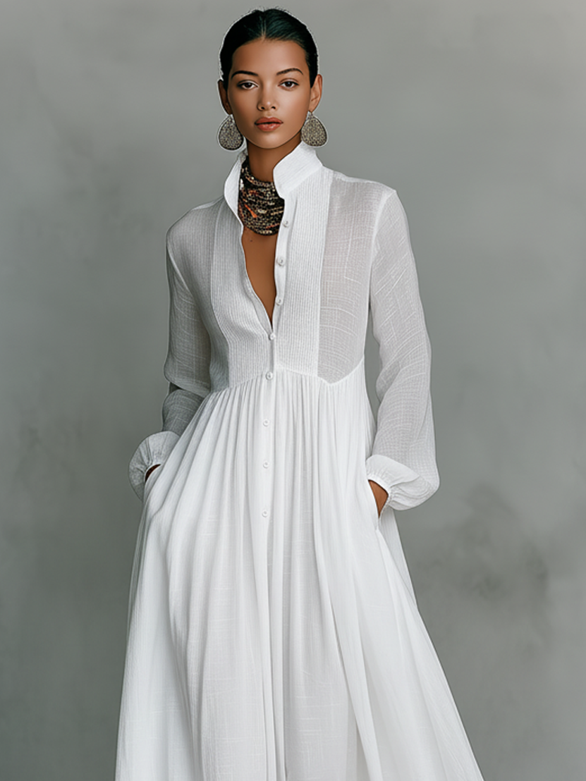 Pleated Pintuck Button Front Maxi Dress
