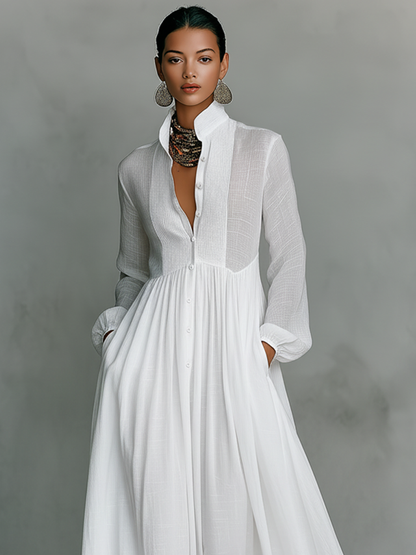 Pleated Pintuck Button Front Maxi Dress