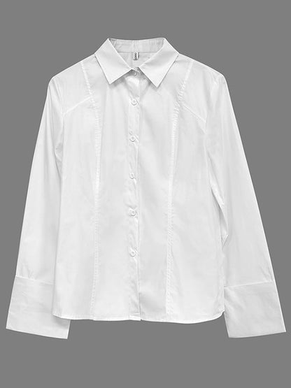 Collared Buttoned Long Cuffed Seamed Blouse