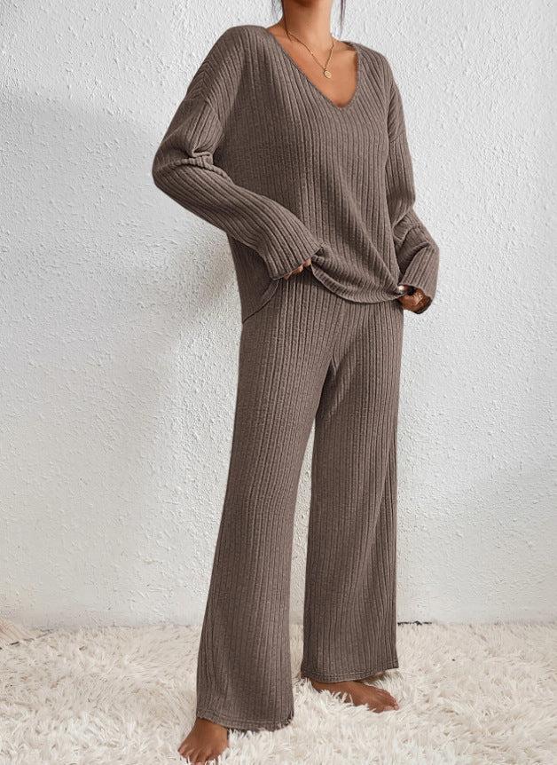V-Neck Long Sleeve Loungewear Set with Wide Leg Pants