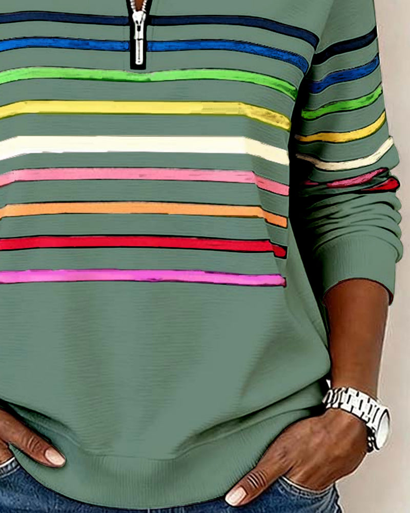 Women's Polo Collar Half Zip Striped Sweatshirt