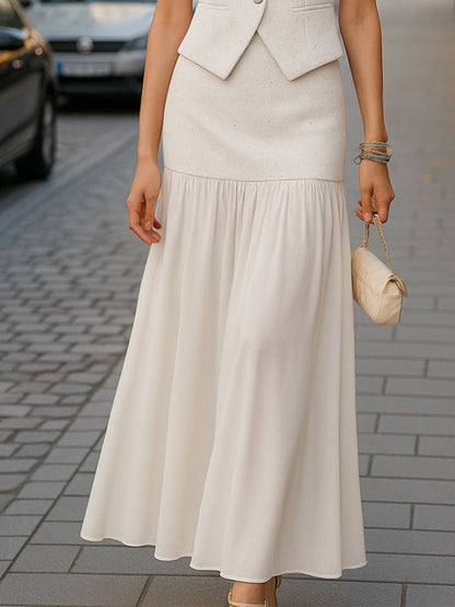 V Neck Sleeveless Button Up Vest & Maxi Skirt Set
