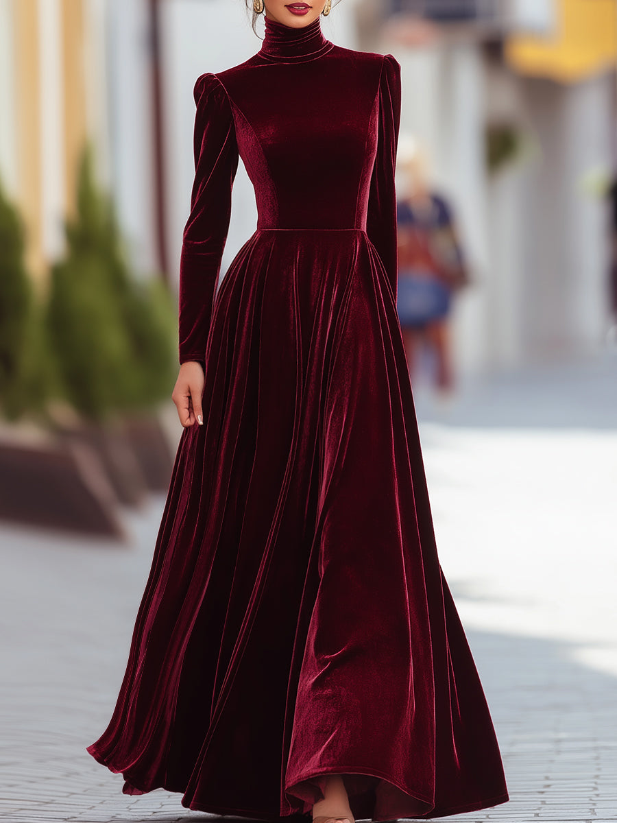 High Waist Pleated Mock Neck Longline Dress