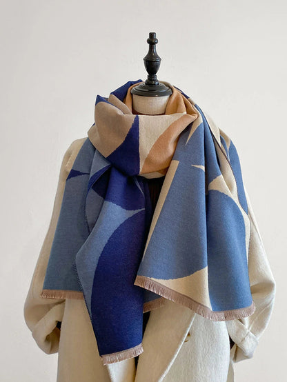 Geometric Curved Fringed Rectangular Long Scarf