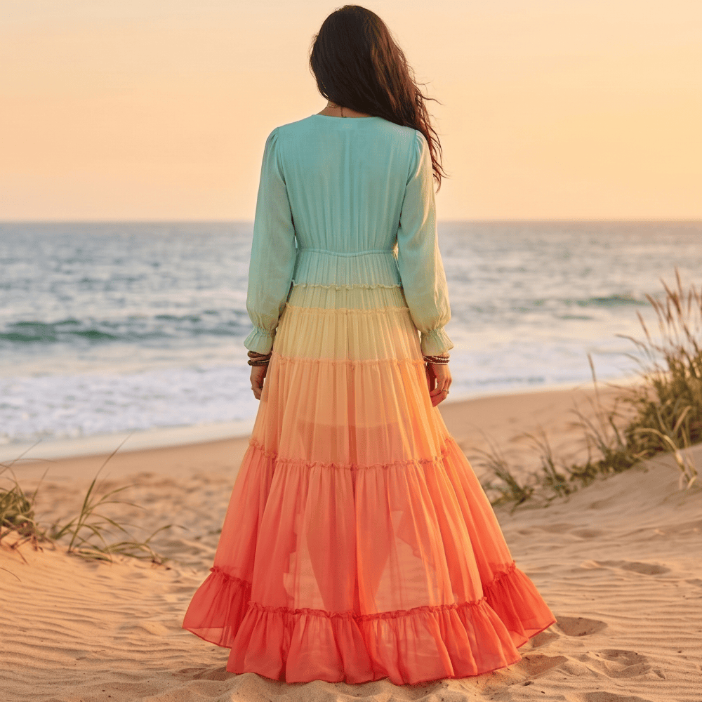Plunging V Neck Ombre Tiered Dress