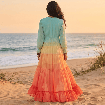 Plunging V Neck Ombre Tiered Dress