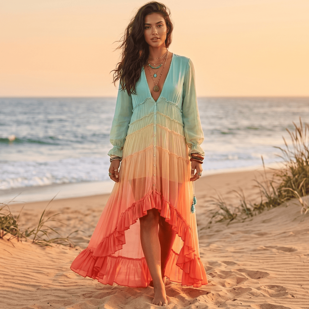Plunging V Neck Ombre Tiered Dress