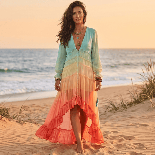 Plunging V Neck Ombre Tiered Dress