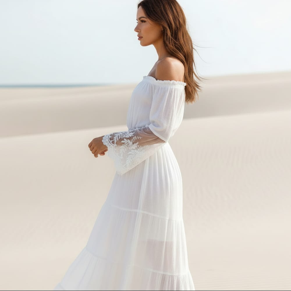 Off Shoulder Smocked Waist Tiered Dress