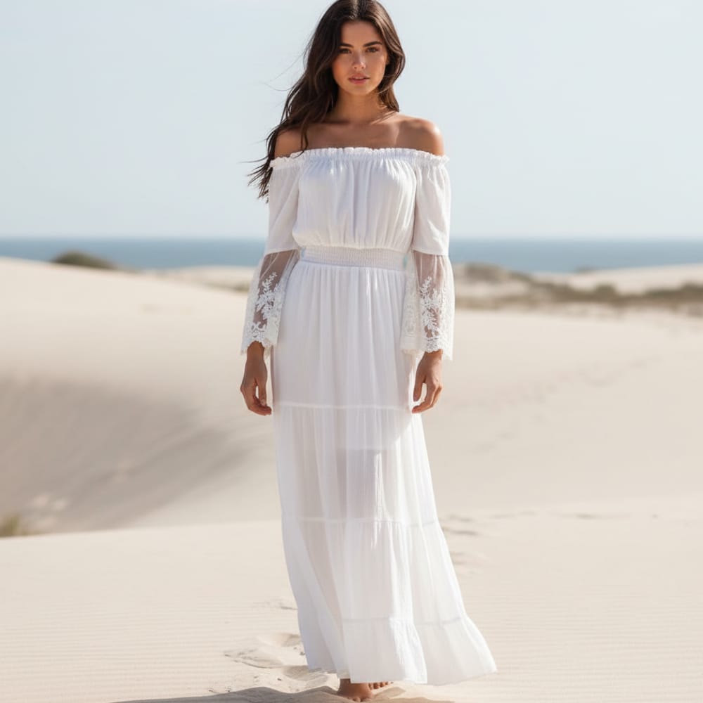 Off Shoulder Smocked Waist Tiered Dress