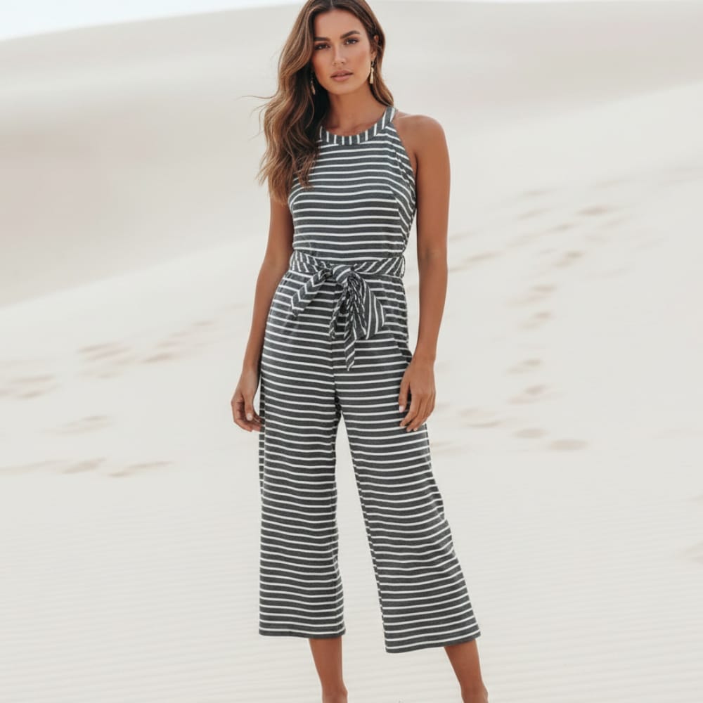 Striped Halter Neck Tie Waist Jumpsuit
