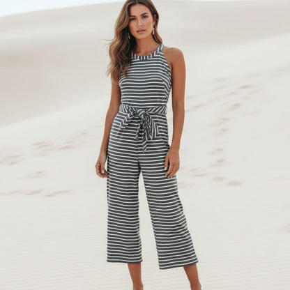 Striped Halter Neck Tie Waist Jumpsuit