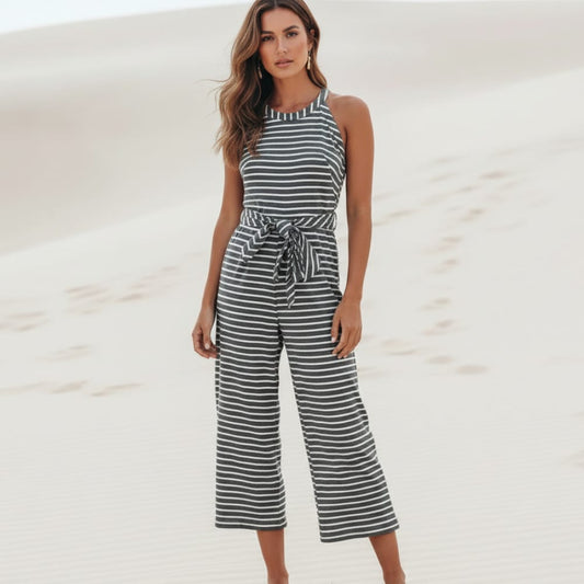 Striped Halter Neck Tie Waist Jumpsuit