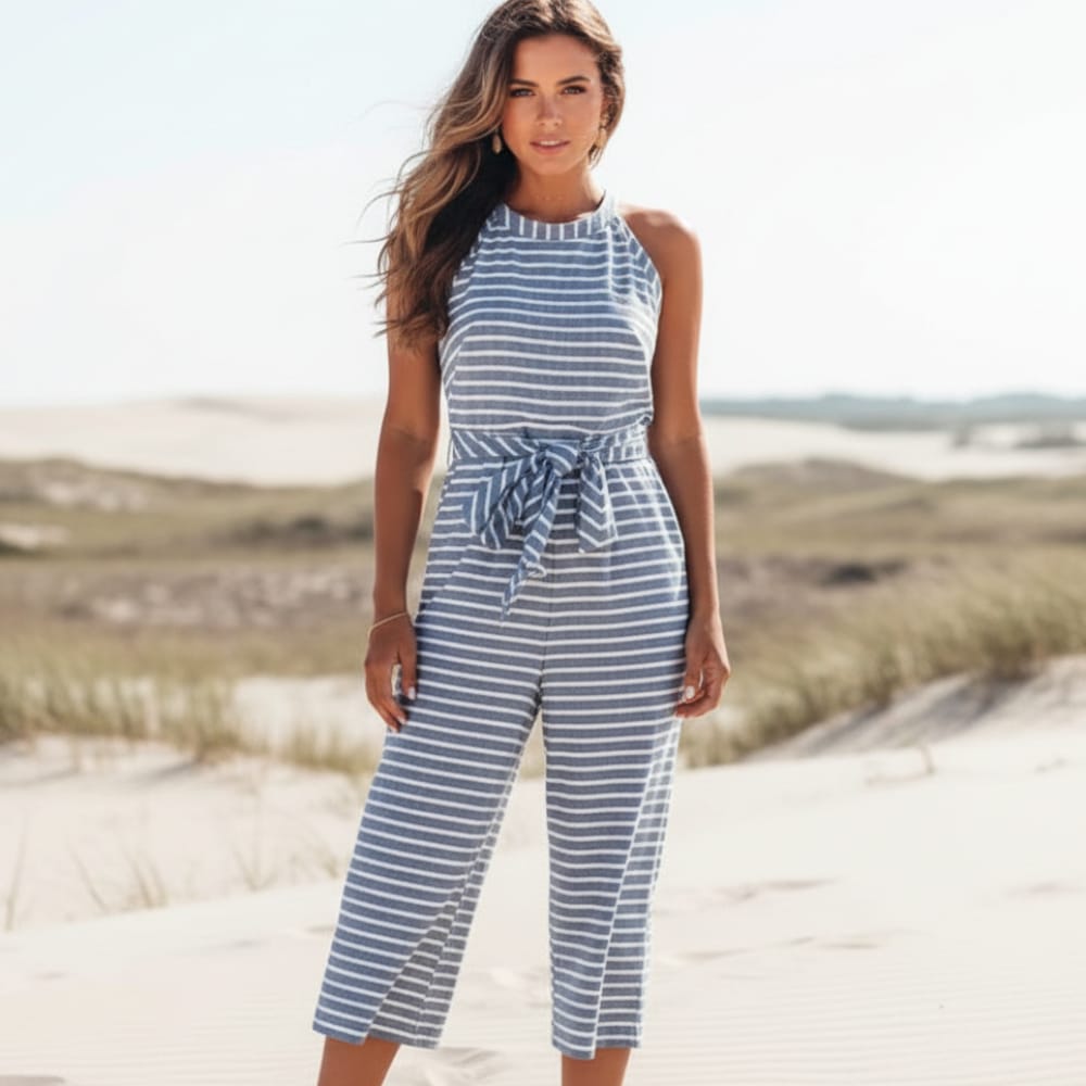 Striped Halter Neck Tie Waist Jumpsuit