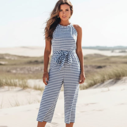 Striped Halter Neck Tie Waist Jumpsuit