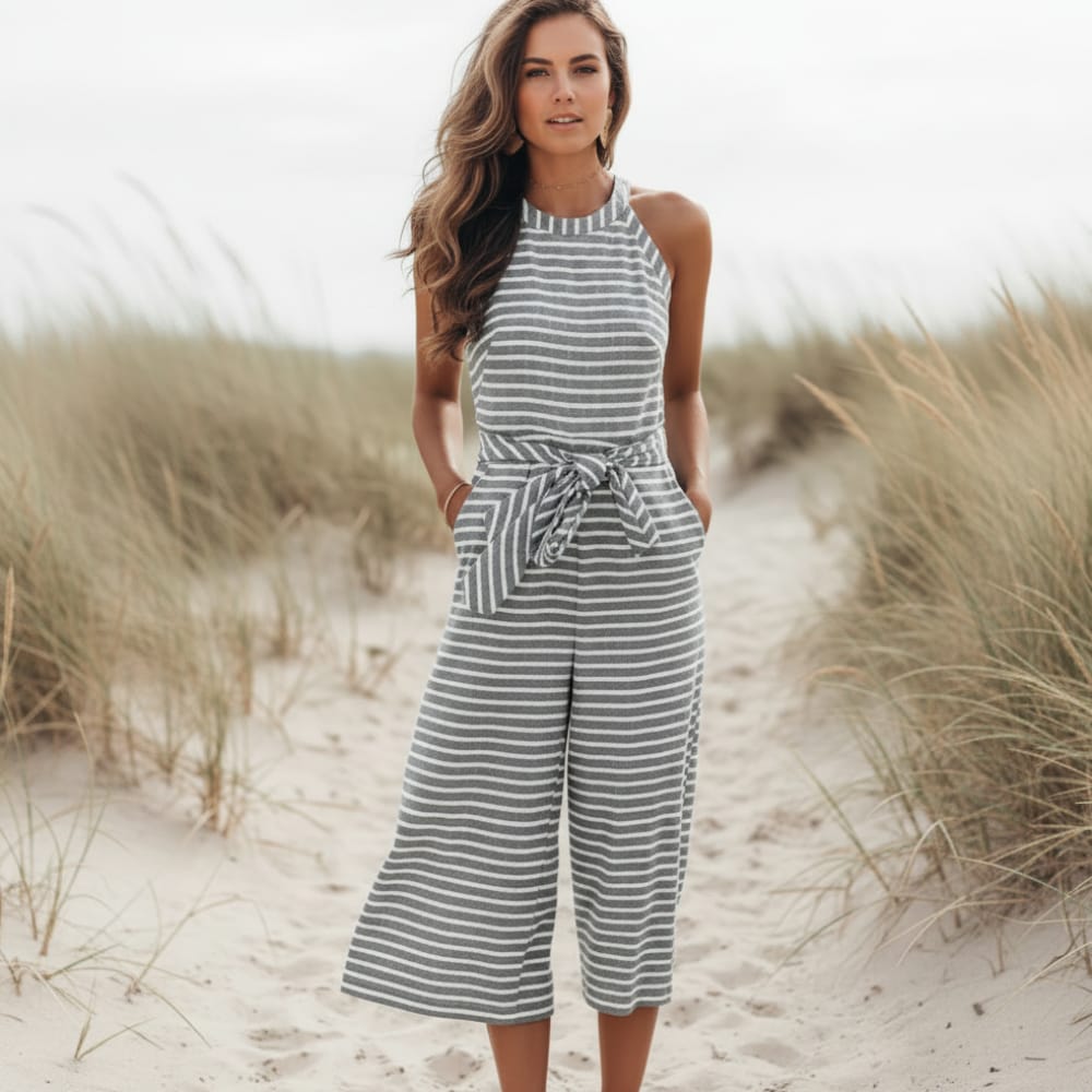 Striped Halter Neck Tie Waist Jumpsuit