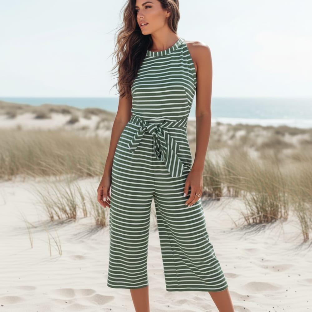 Striped Halter Neck Tie Waist Jumpsuit