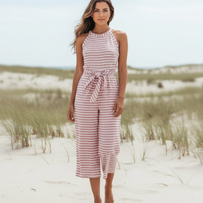 Striped Halter Neck Tie Waist Jumpsuit