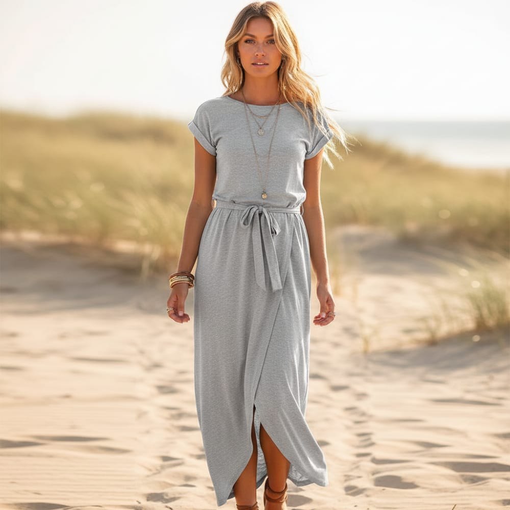 Short Sleeve Cuffed Tie Waist Dress