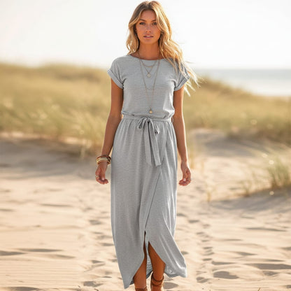 Short Sleeve Cuffed Tie Waist Dress