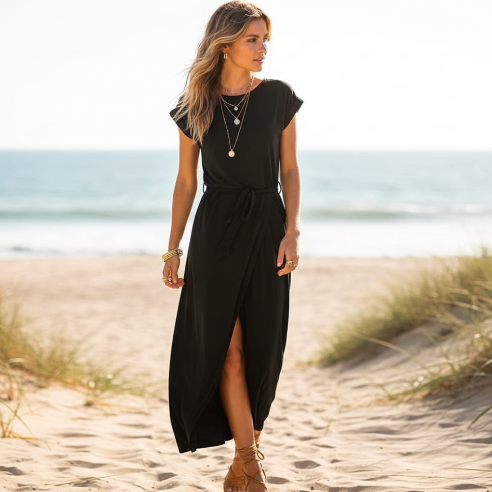Short Sleeve Cuffed Tie Waist Dress