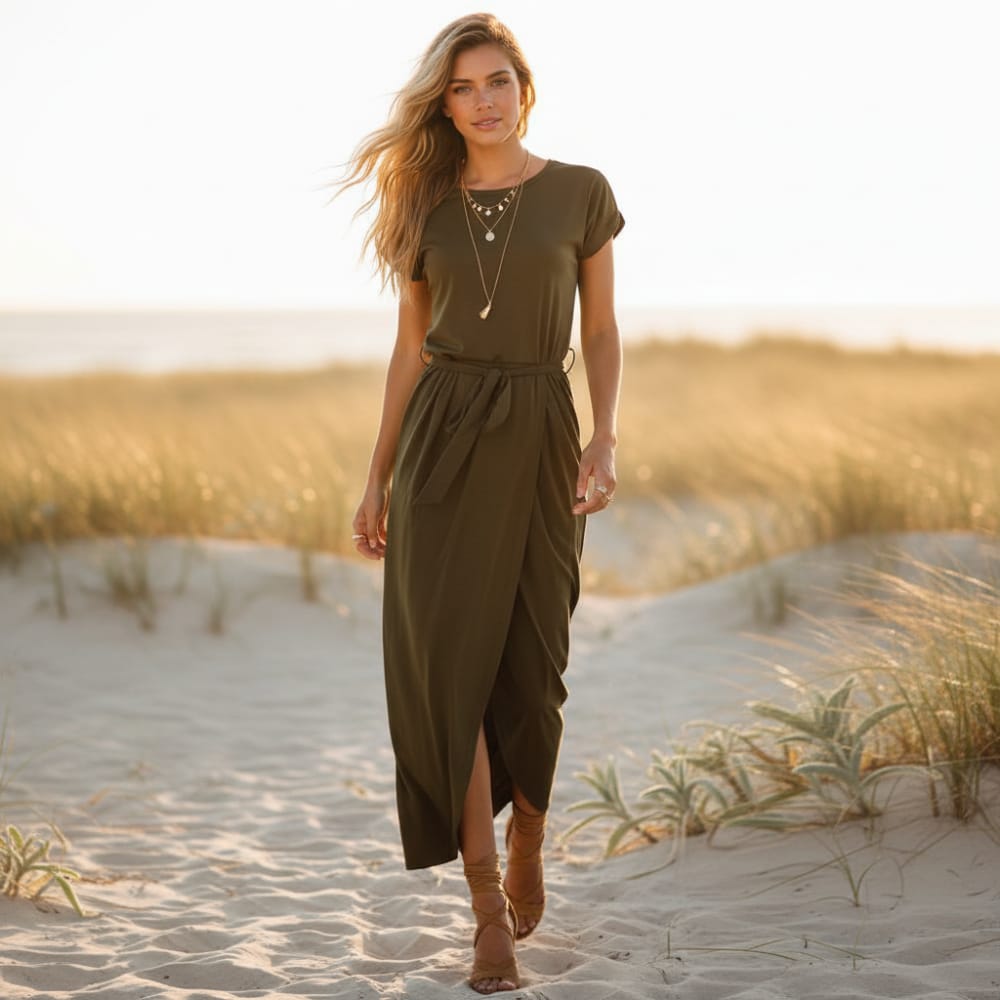 Short Sleeve Cuffed Tie Waist Dress