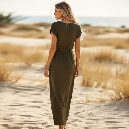 Short Sleeve Cuffed Tie Waist Dress
